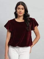 Short Sleeves Ruffles Stylish Party Top Maroon