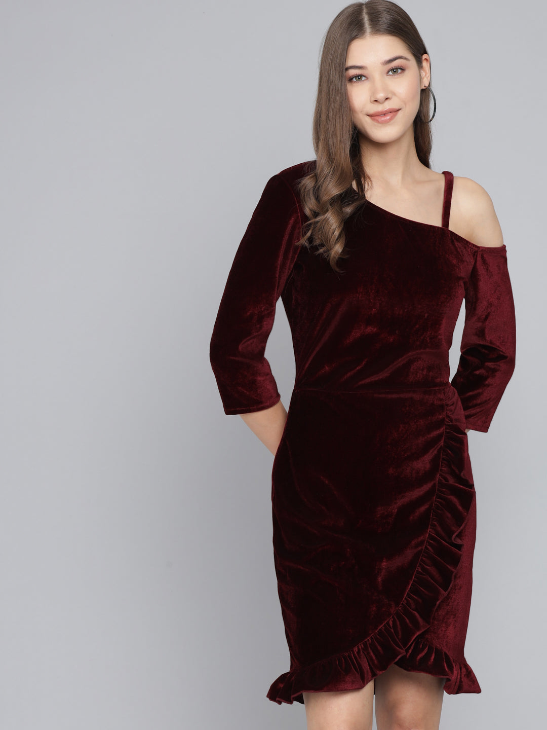 One Shoulder Bodycon Half sleeves Party Dress Dark Maroon