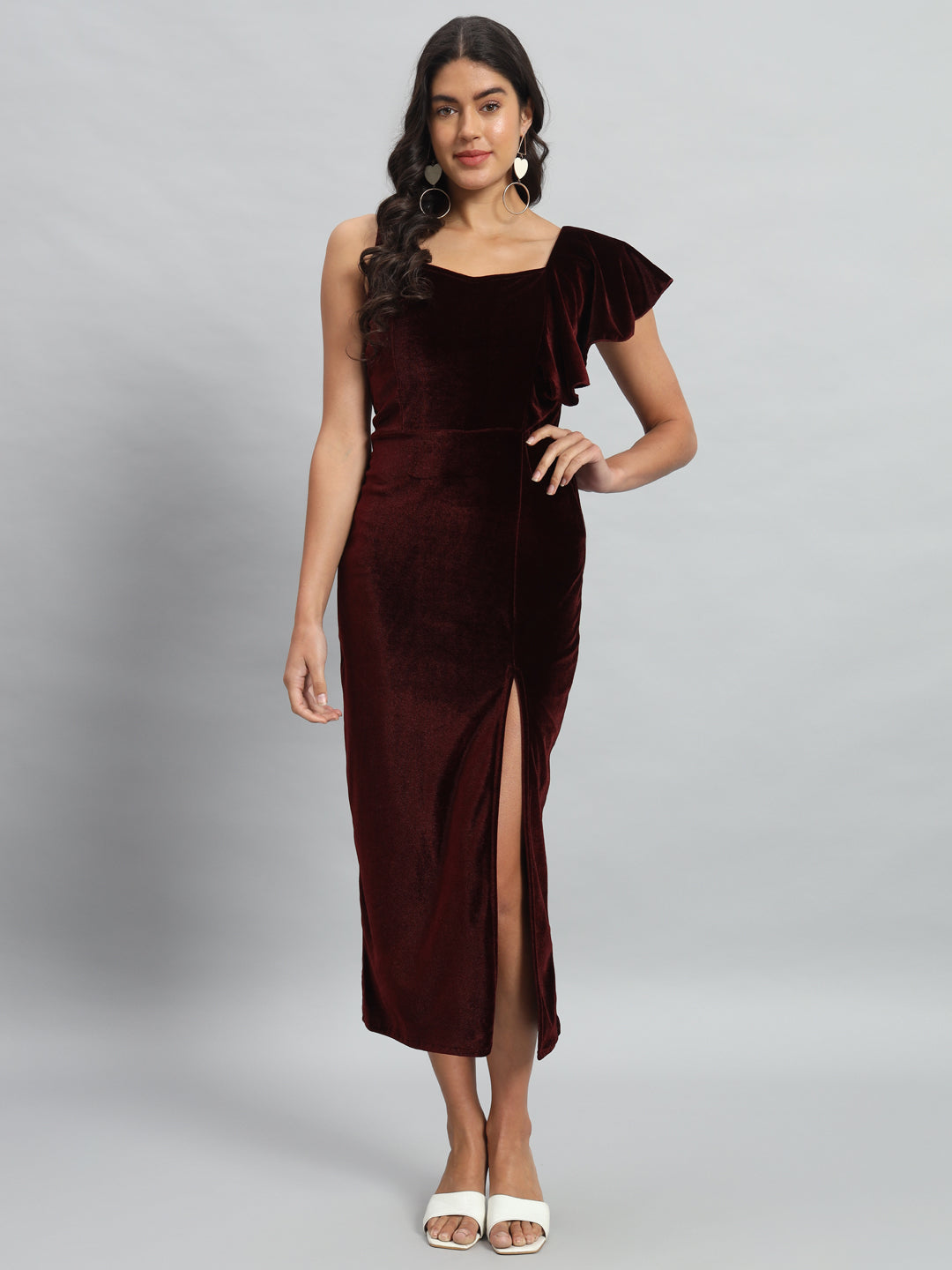 One Flared Sleeve Bodycon Party Dress Wine