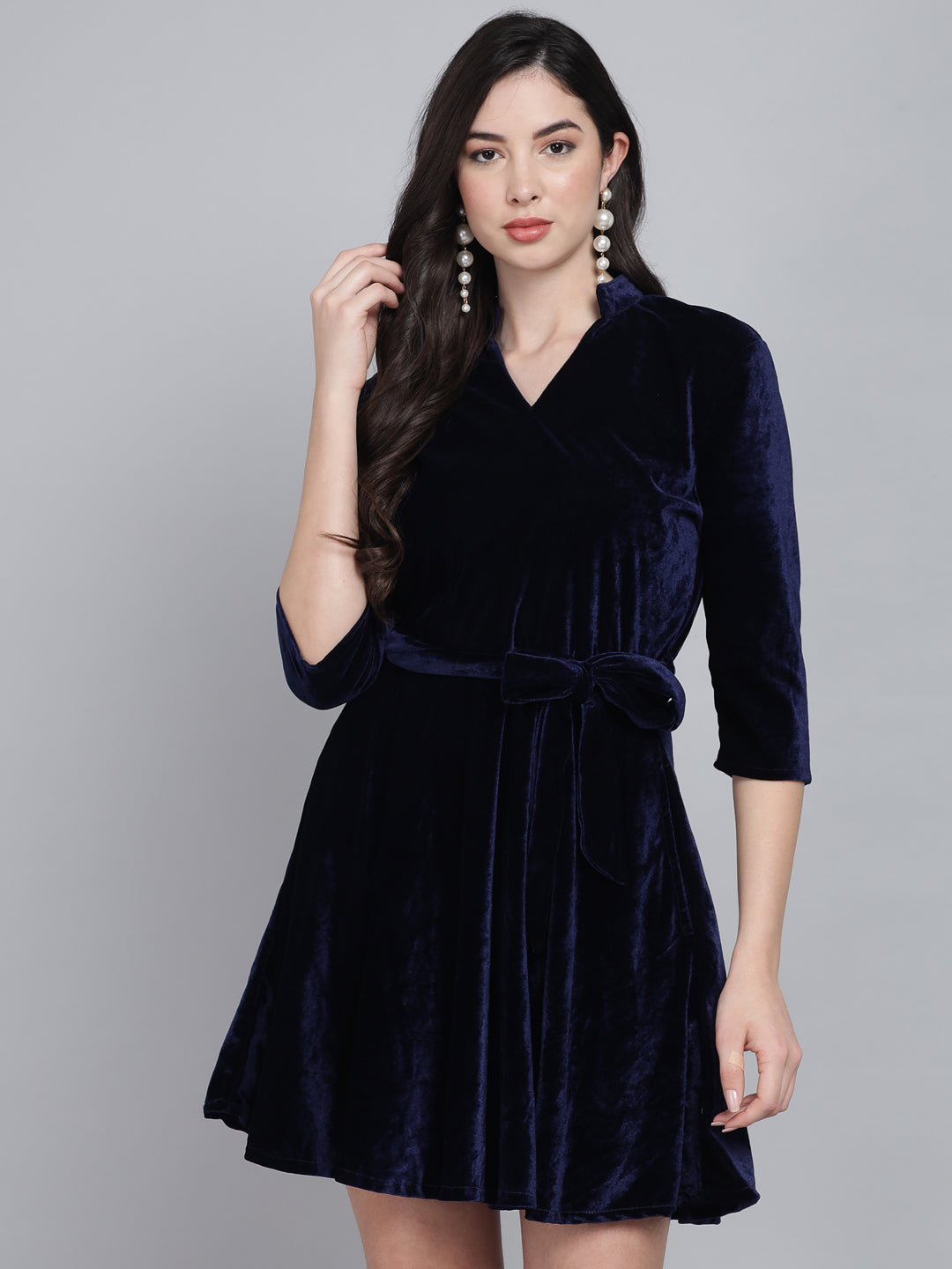 A-Line Quarter Sleeves V-Neck Party Dress Dark Blue