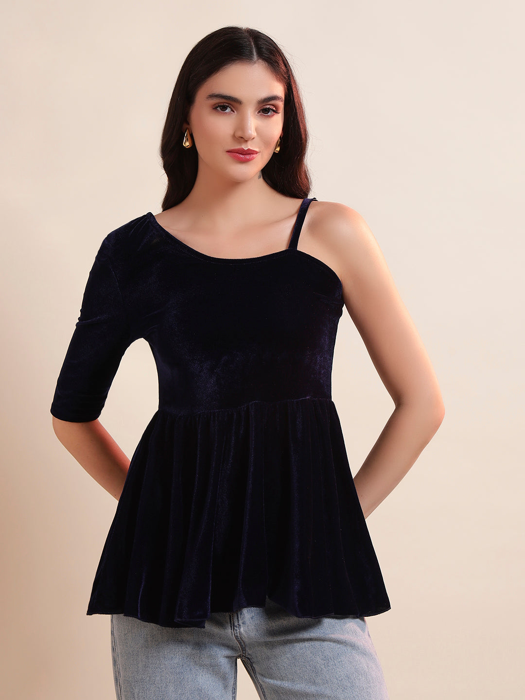 Solid One Shoulder Velvet Peplum Top