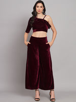 One Sleeve Crop Top with Palazzo Party Co-Ord Set Wine