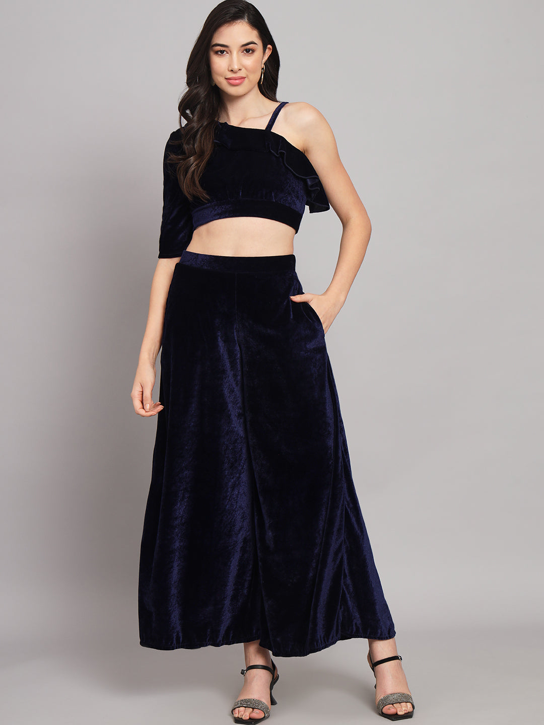 One Sleeve Crop Top with Palazzo Party Co-Ord Set Navy Blue