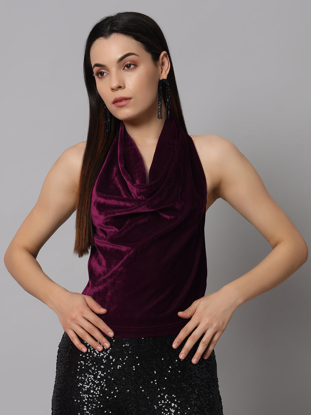 Halter Neck Top Velvet Sleeveless Party Outfit Black