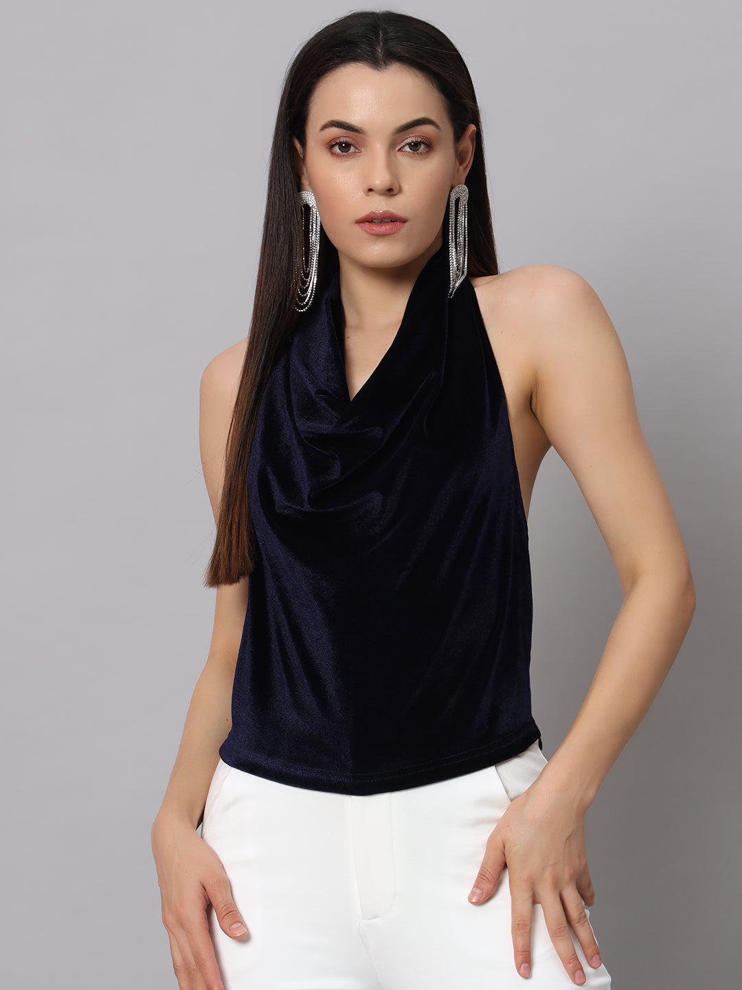 Halter Neck Top Velvet Sleeveless Party Outfit Black