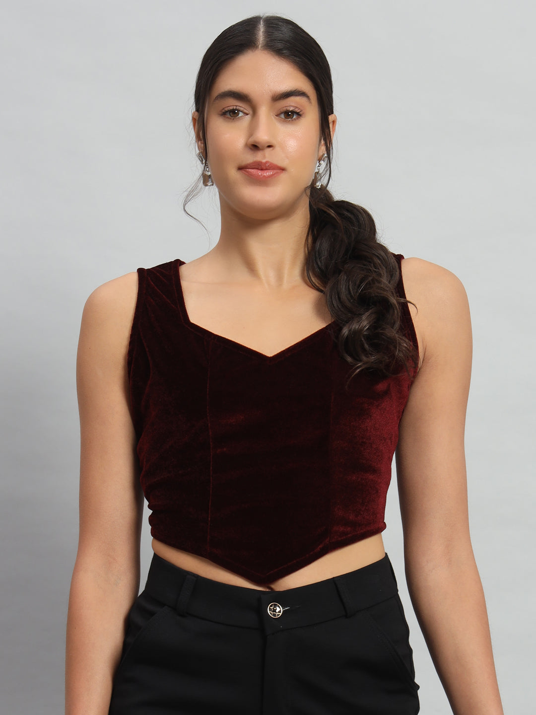 Velvet Sleeveless Readymade Party Blouse Maroon