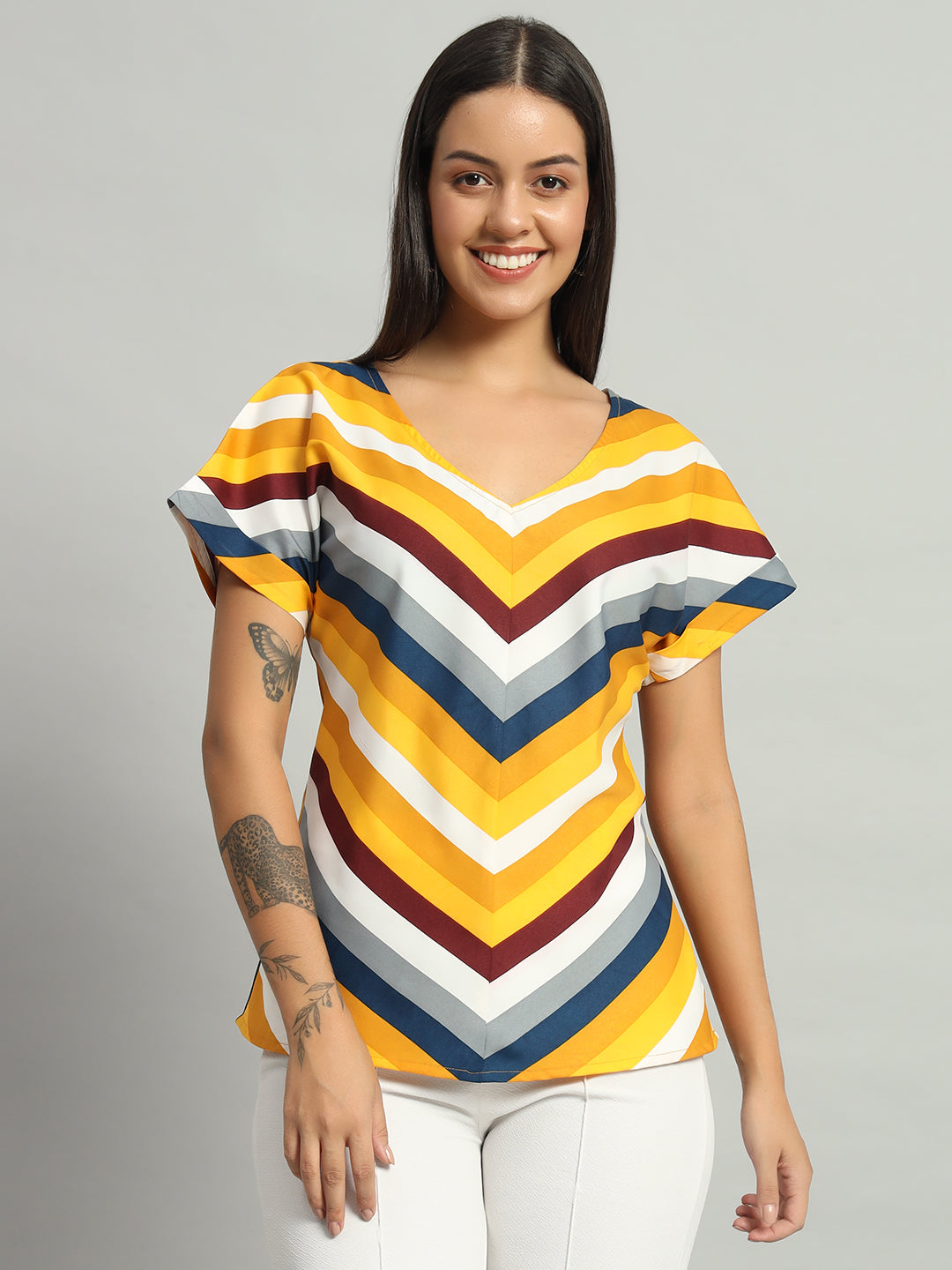 Crepe V-Cut Striped Short Sleeves Top Dark Yellow