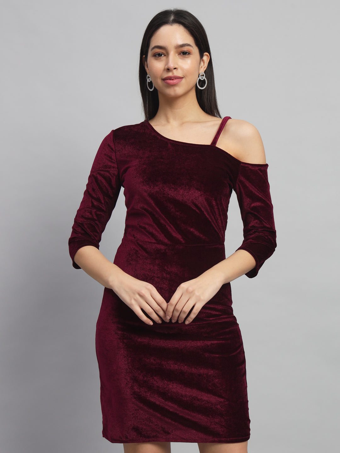 Velvet One Cold Shoulder Bodycon Party Dress Sporty Maroon