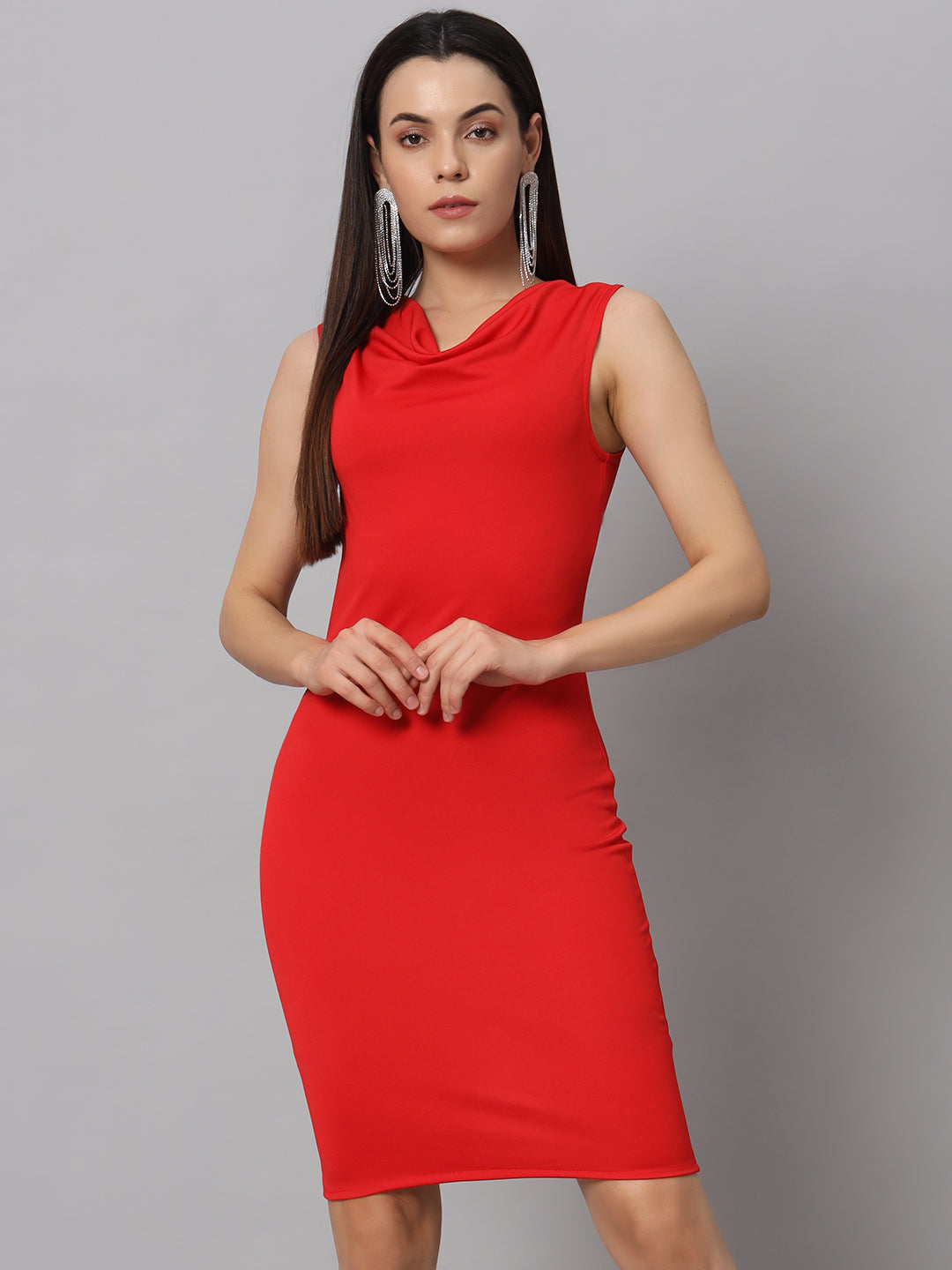 Lycra Back Slit Sleeveless Cowl Neck Party Dress Red