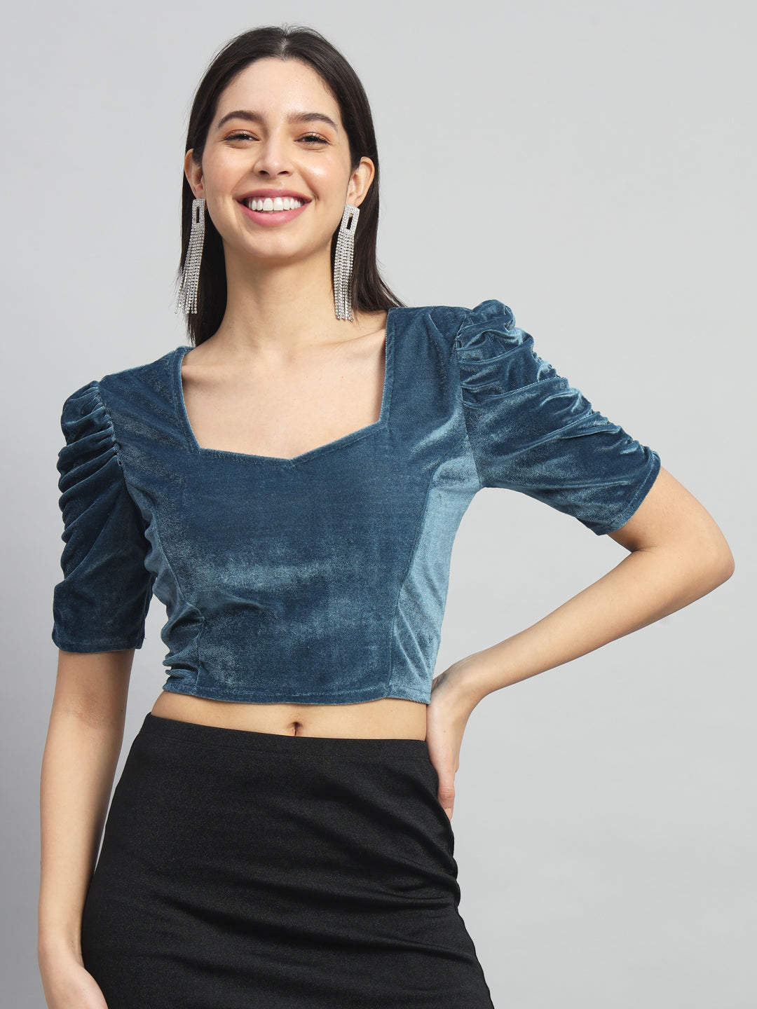 Puff Sleeves Velvet Blouse Tops Dark Teal