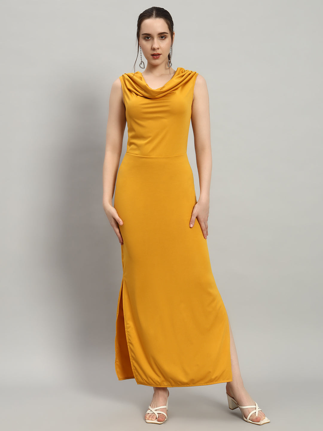 Lycra Cowl Neck Bodycon Maxi Sleeveless Party Dress Mustard Yellow