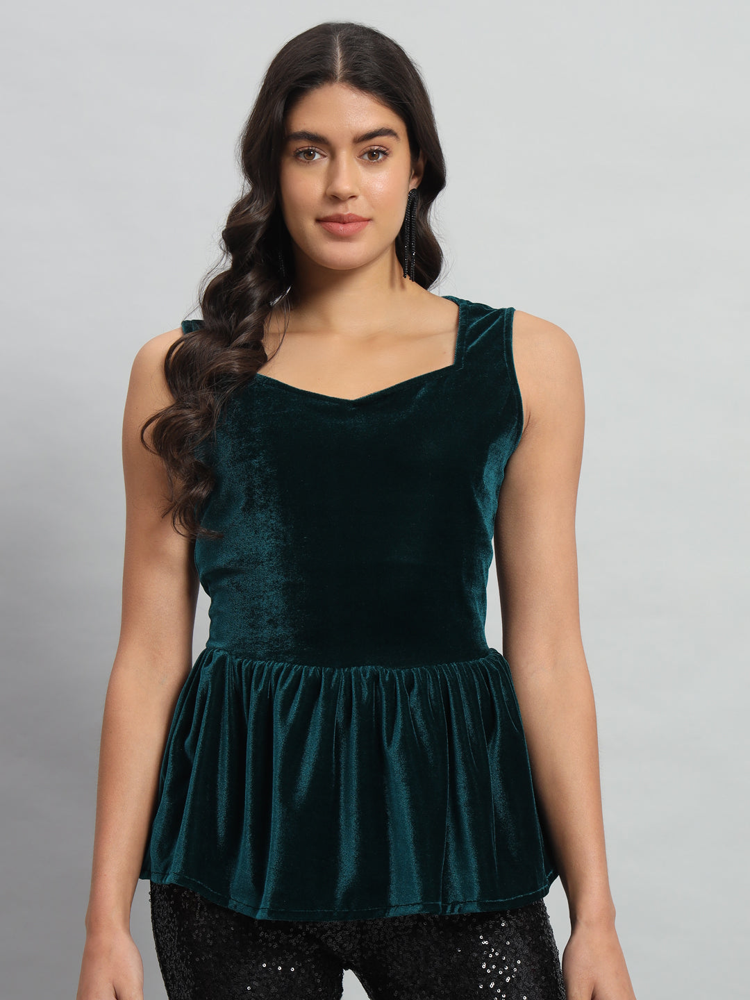 Waistline Ruffle Sleeveless Party Top Rama Green