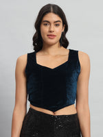 Velvet Sleeveless Readymade Party Blouse Peacock Blue