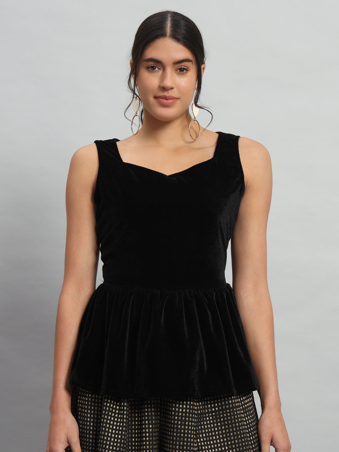 Waistline Ruffle Sleeveless Party Top Black