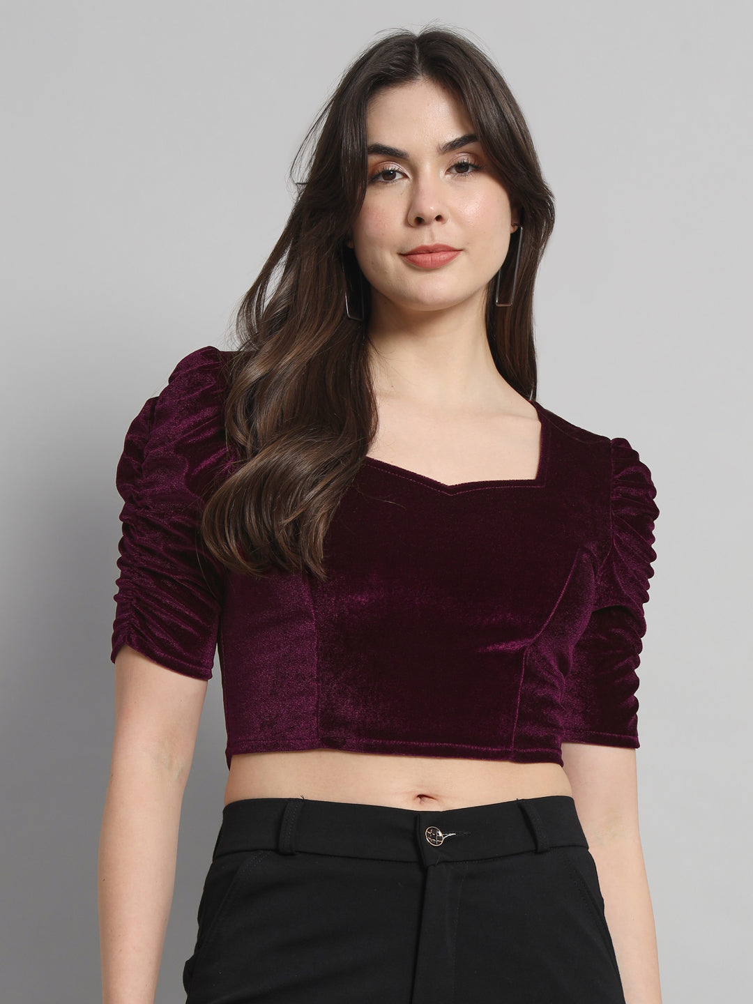 Puff Sleeves Velvet Blouse Tops Maroon