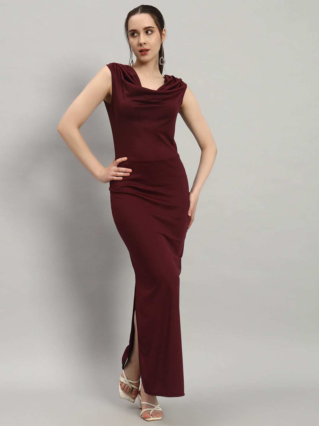 Lycra Cowl Neck Bodycon Maxi Sleeveless Party Dress Wine