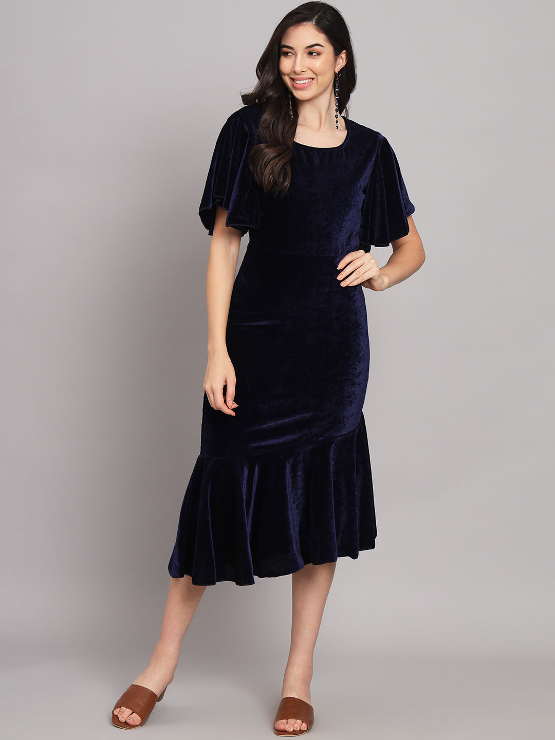 Velvet Fabric Fish Cut Ruffle Bottom Bodycon Party Midi Dress Navy Blue