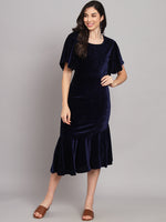 Velvet Fabric Fish Cut Ruffle Bottom Bodycon Party Midi Dress Navy Blue