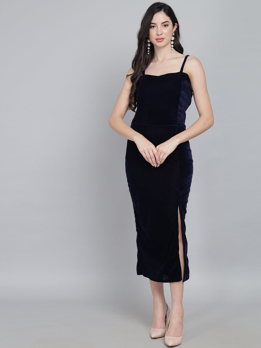 Maxi Sleeveless Velvet Square Neck Bodycon Dress Navy Blue