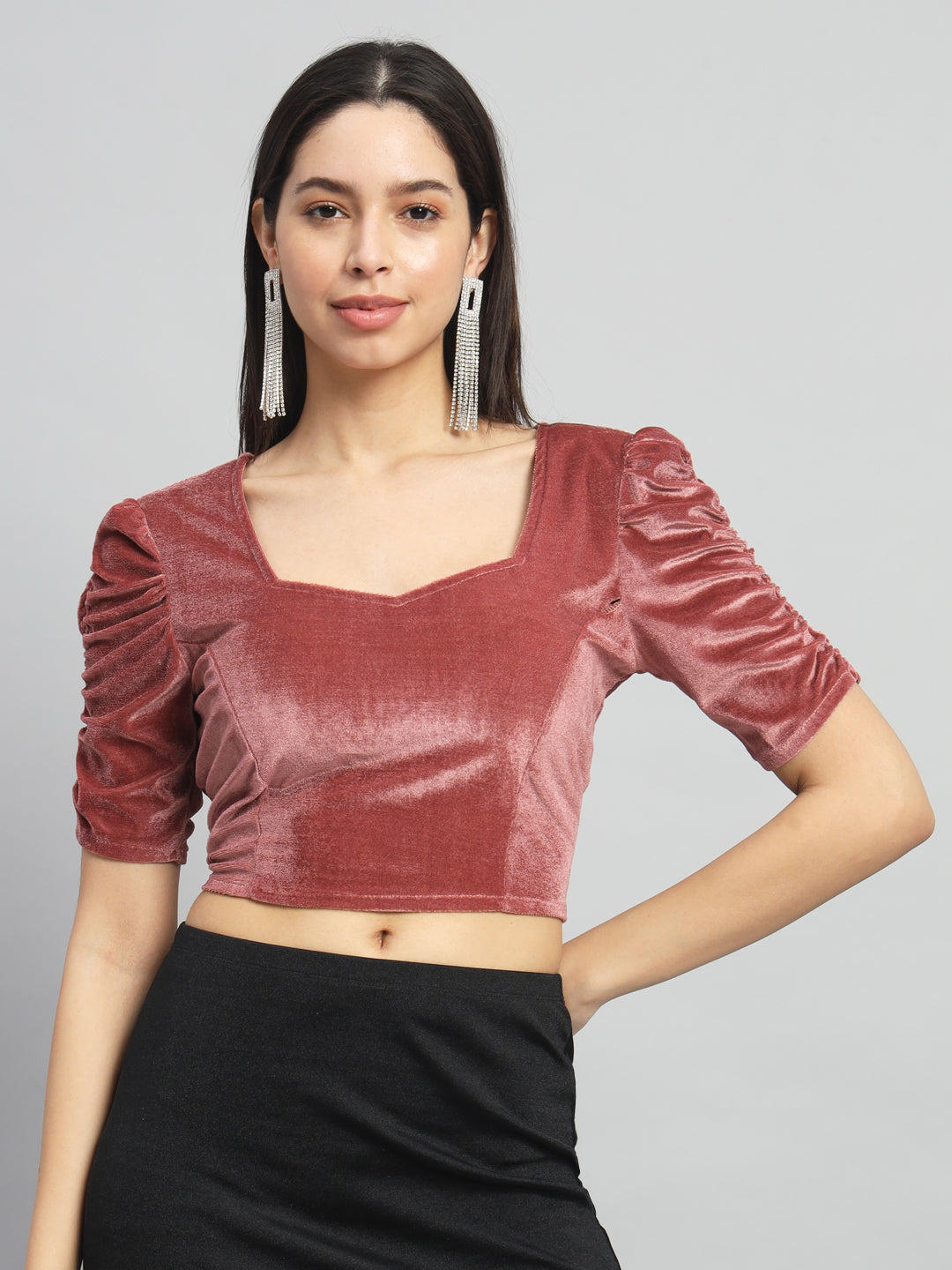 Puff Sleeves Velvet Blouse Tops Maroon