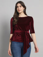 Half Sleeeves Front Tie Waistband Party Top Maroon