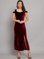 Maxi Style Cold Shoulder Bodycon Party Dress Maroon