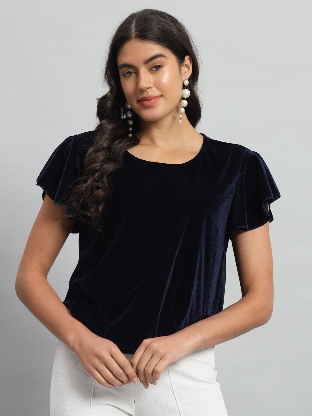 Short Sleeves Ruffles Stylish Party Top Navy Blue