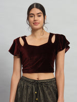 Velvet Flared Sleeves Readymade Party Blouse Maroon