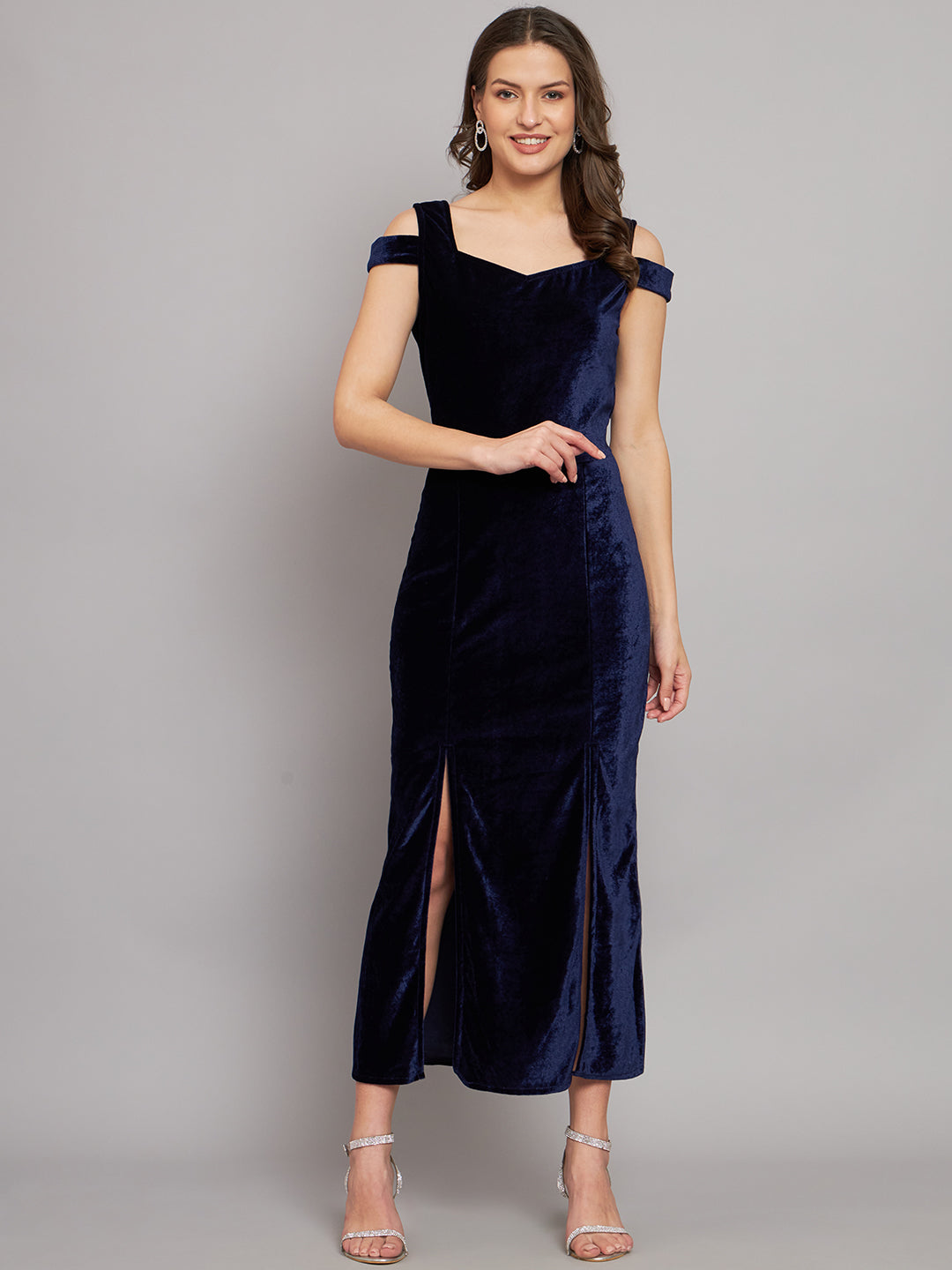 Maxi Style Cold Shoulder Bodycon Party Dress Navy Blue