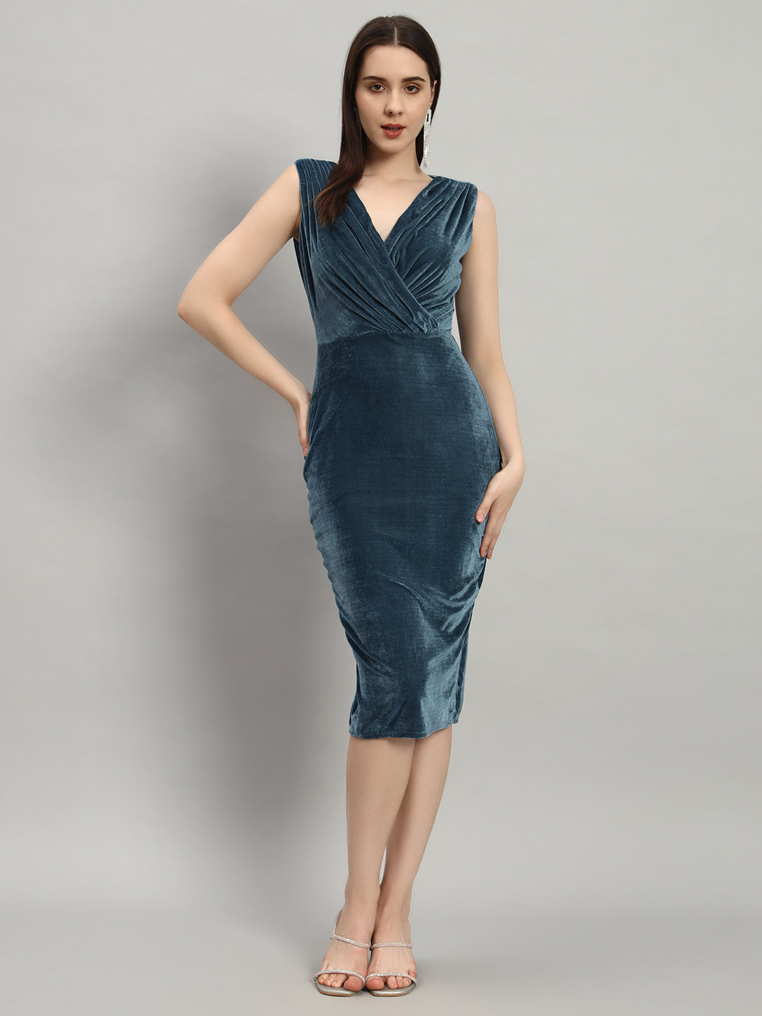 Deep V-Neck Sleeveless Bodycon Party Dress Dark Teal