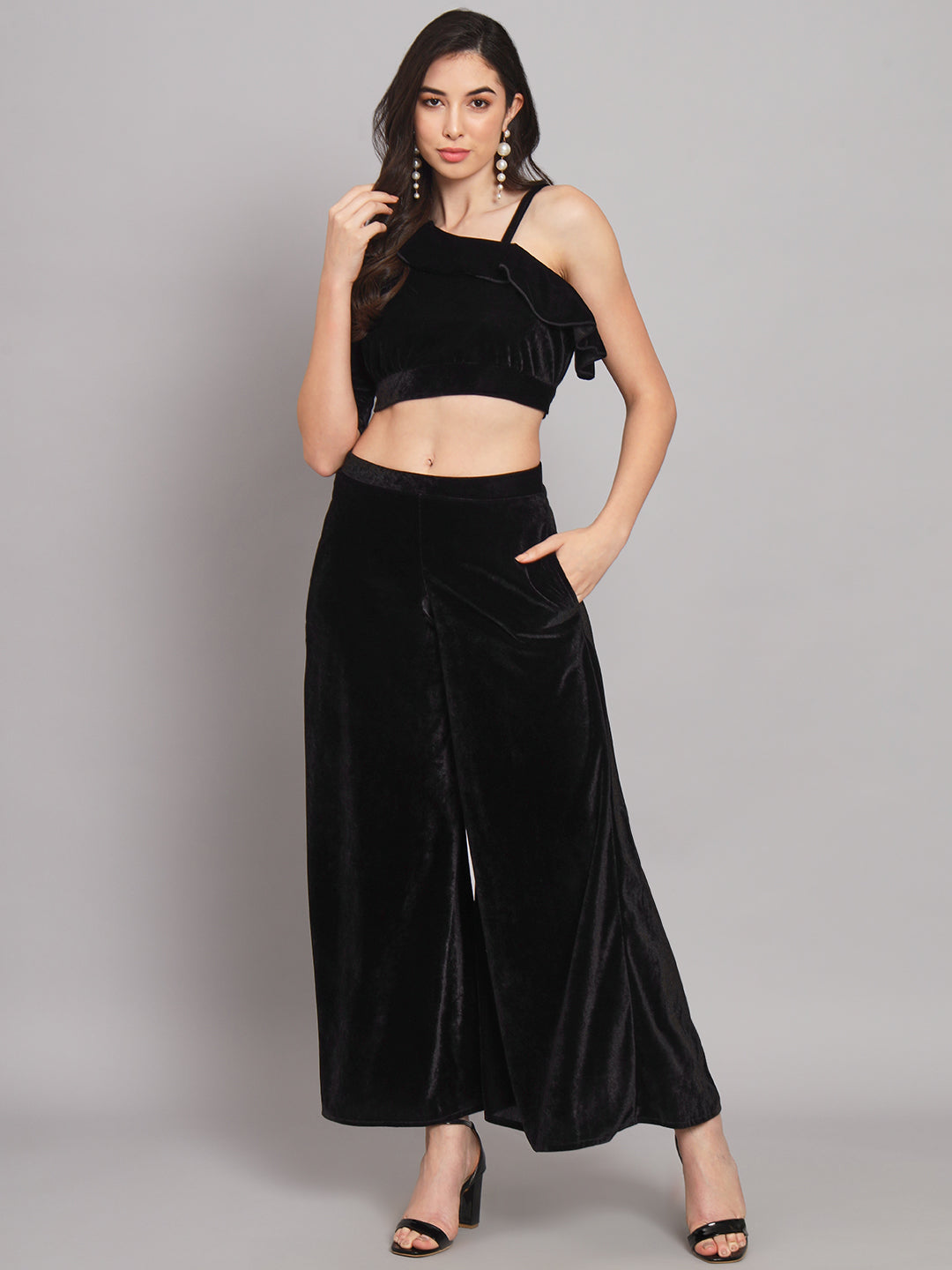 One Sleeve Crop Top with Palazzo Party Co-Ord Set Black