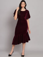 Ruffle Sleeves Fish Cut Velvet Party Dress Wine