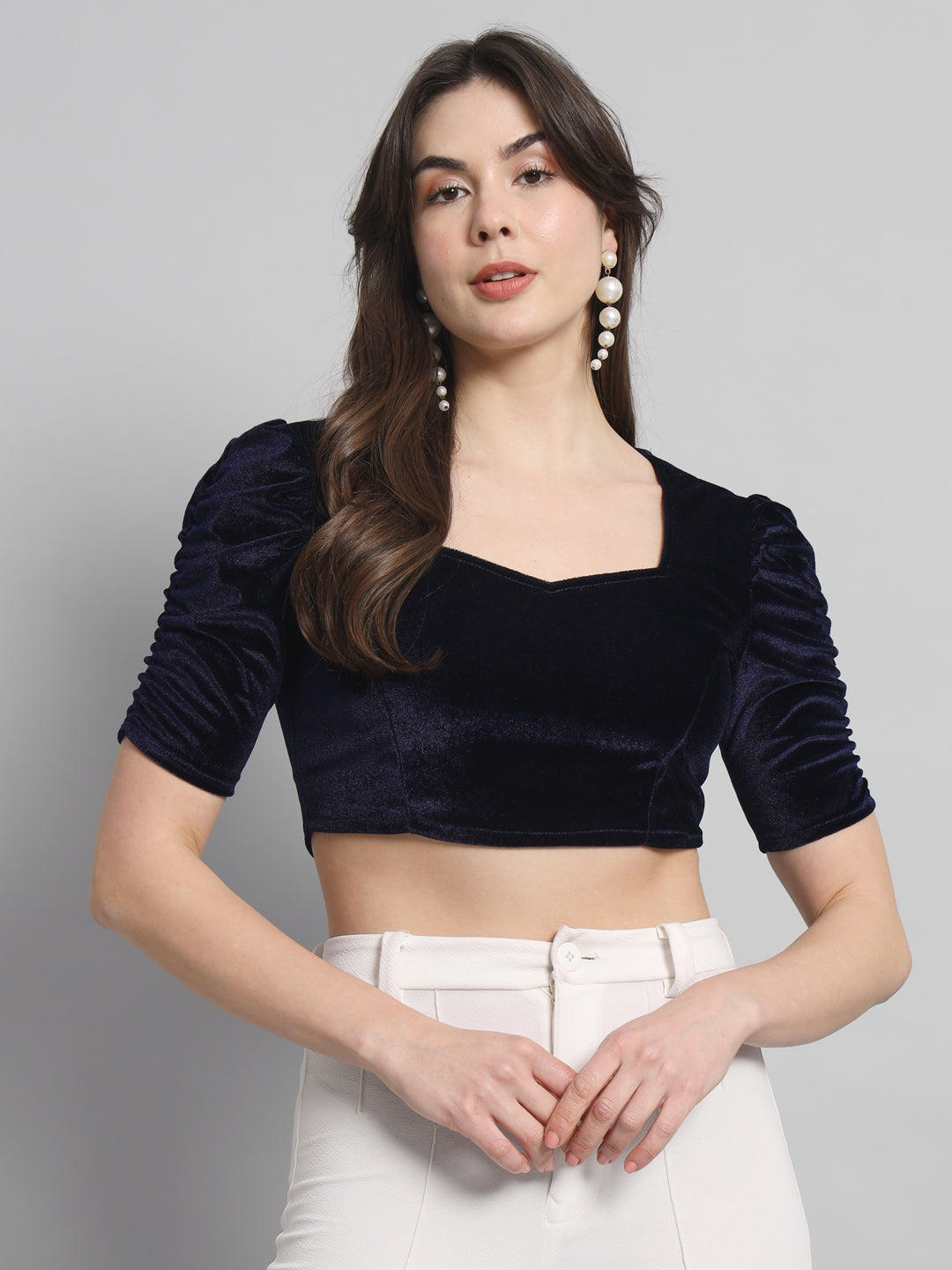 Puff Sleeves Velvet Blouse Tops Navy Blue