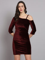 Velvet One Cold Shoulder Bodycon Party Dress Maroon