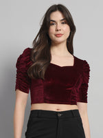 Puff Sleeves Velvet Blouse Tops Sporty Maroon