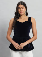 Waistline Ruffle Sleeveless Party Top Navy Blue