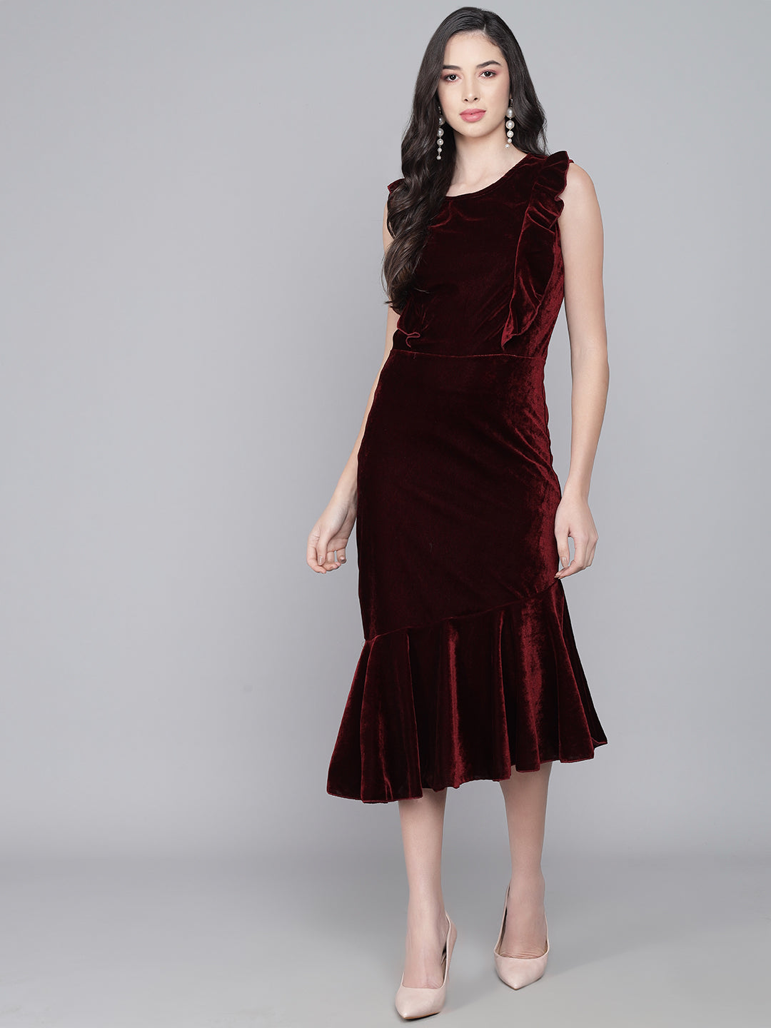 A-Line Ruffle Bottom Sleeveless Party Dress Maroon