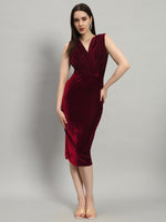 Deep V-Neck Shiny Velvet Sleeveless Party Dress Maroon