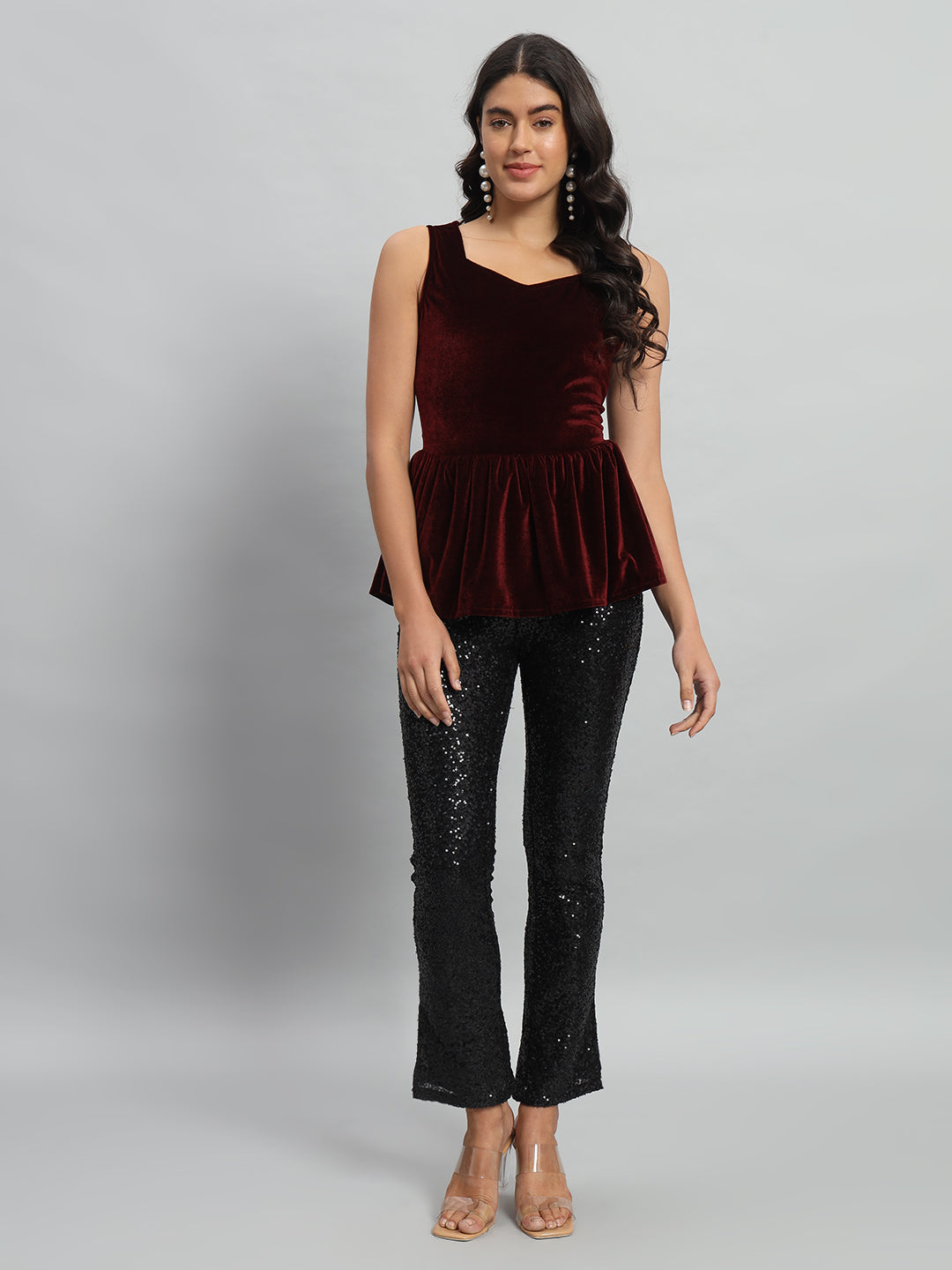 Waistline Ruffle Sleeveless Party Top Maroon