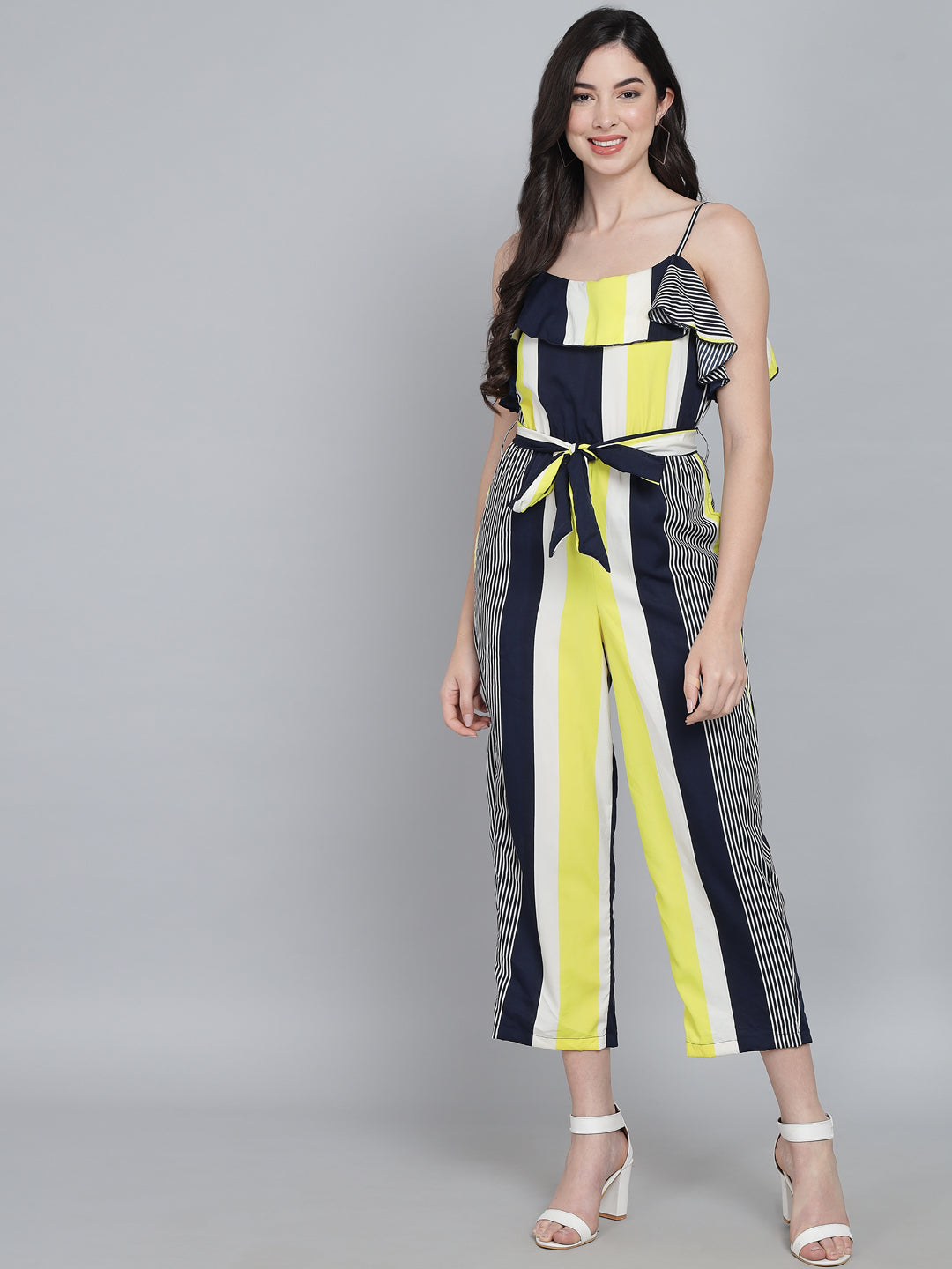 Striped Shoulder Straps Ruffles Cotton Basic Jumpsuit