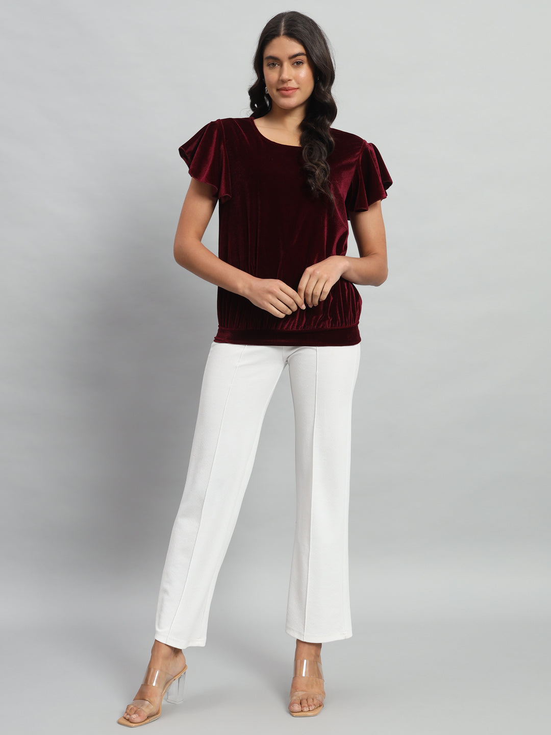 Short Sleeves Ruffles Stylish Party Top Maroon