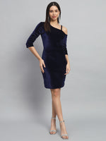 Velvet One Cold Shoulder Bodycon Party Dress Navy Blue