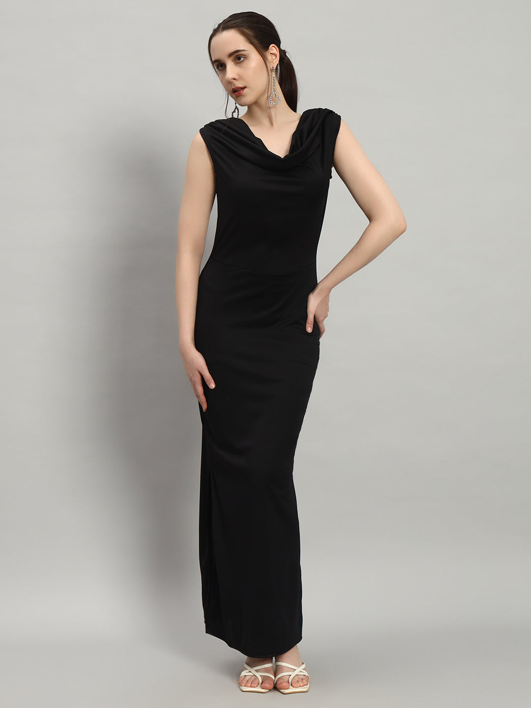 Lycra Cowl Neck Bodycon Maxi Sleeveless Party Dress Black