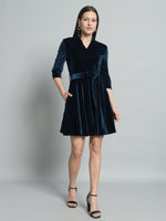 A-Line Quarter Sleeves V-Neck Party Dress Peacock Blue