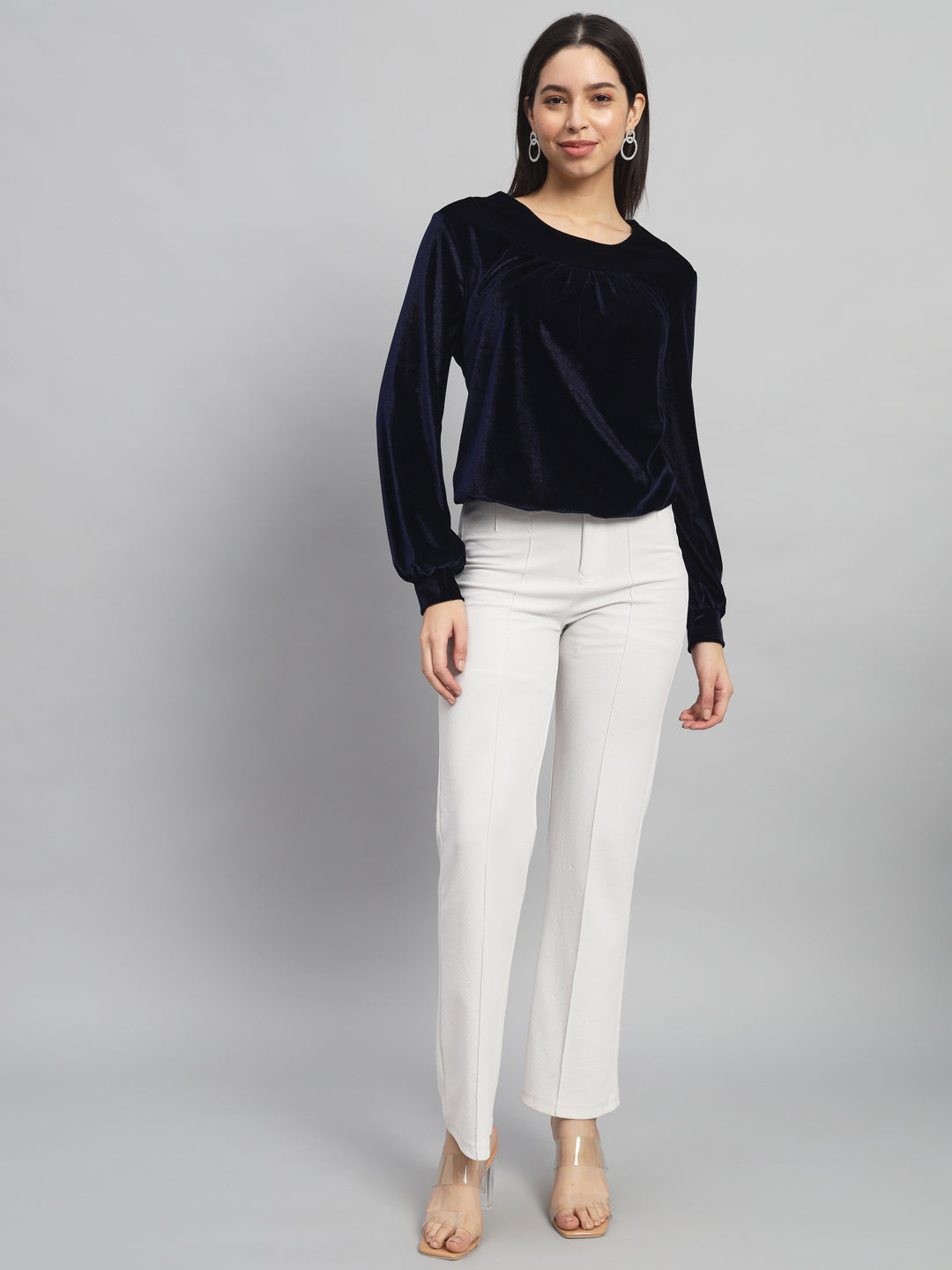 Round Neck Puff Sleeves Blouson Top Navy Blue