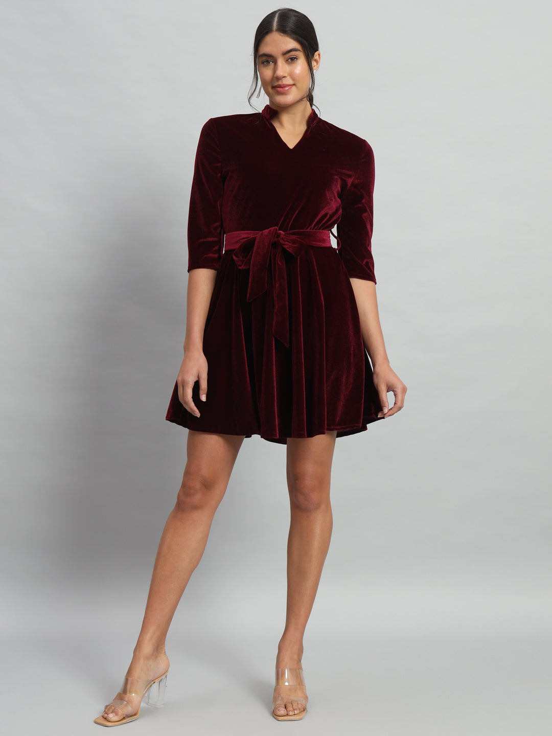 A-Line Quarter Sleeves V-Neck Party Dress Maroon