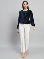 Round Neck Puff Sleeves Blouson Top Peacock Blue