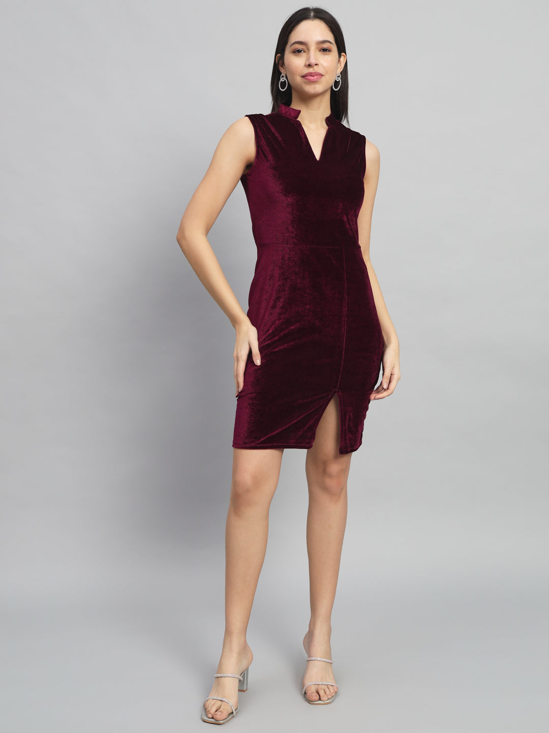 Mandarin Neck Sleeveless Bodycon Party Dress Maroon