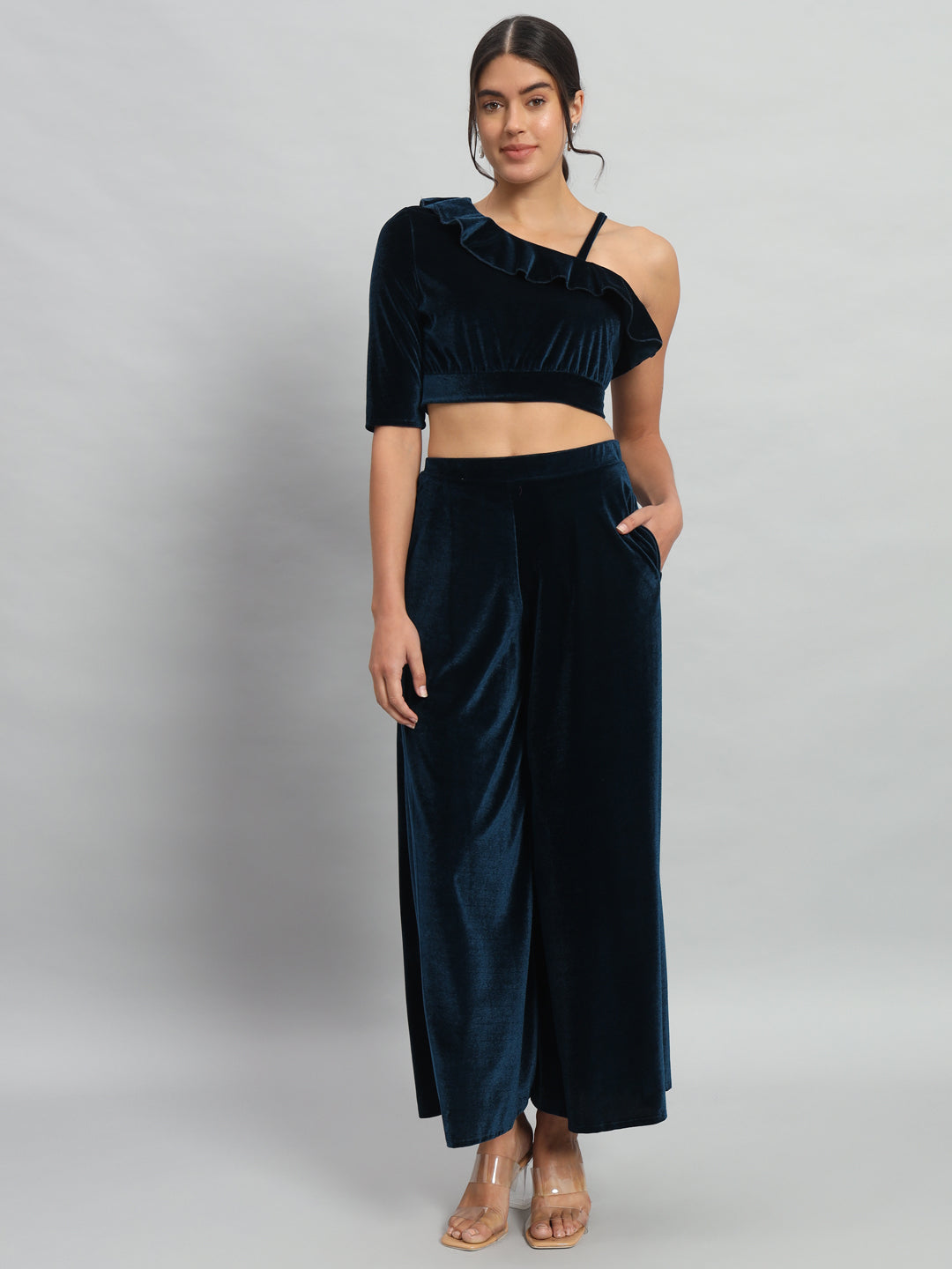 One Sleeve Crop Top with Palazzo Party Co-Ord Set Peacock Blue