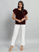 Short Sleeves Ruffles Stylish Party Top Wine